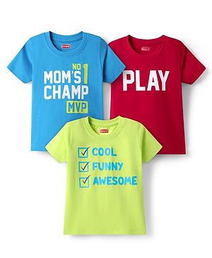 Babyhug 100% Cotton Knit Half Sleeves T-Shirts With Play & Moms Champ Text Print Pack Of 3 - Neon Green Red & Light Blue