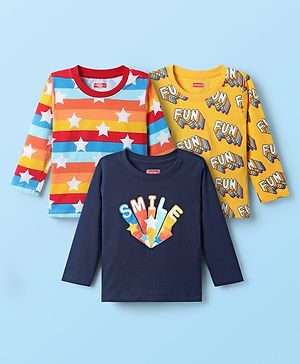 Babyhug 100% Knit Full Sleeves T-Shirts with Star & Text Print Pack of 3 - Yellow & Navy Blue