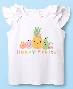 Babyhug 100% Cotton Knit Frill Sleeves T-Shirt with Fruits Print - White