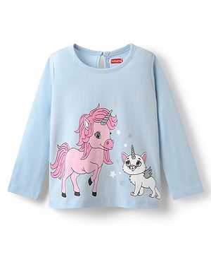 Babyhug 100% Cotton Knit Full Sleeves T-Shirt with Unicorn Print - Light Blue