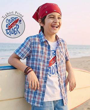 Pine Kids Cotton Woven Half Sleeves Checks Shirt With Printed T-Shirt - Blue & White