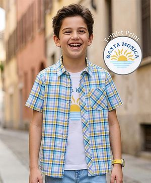 Pine Kids 100% Cotton Half Sleeves Checks Shirt With Text Printed Tank T-Shirt - Light Blue & White