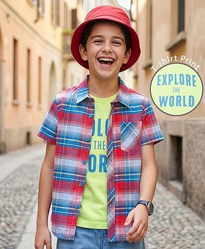 Pine Kids Cotton Woven Half Sleeves Checks Shirt With T-Shirt - Multicolour