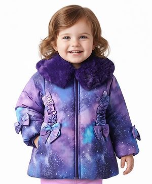 Babyoye Woven Full Sleeves Galaxy Theme Printed Padded Winter Jacket With Bow Applique - Purple