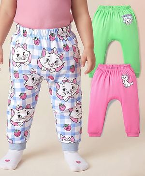 Babyhug Disney Interlock Knit Full Length Diaper Leggings with Aristocats Marie Graphics Pack of 3 - Green Pink & White