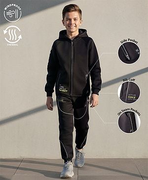 Pine Active Knit Full Sleeves Ultra Comfort Athleisure Jacket With Hoodie & Joggers Set - Black
