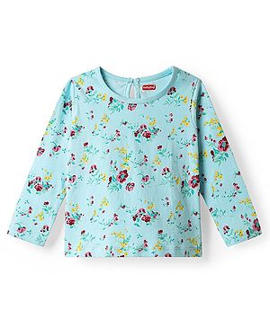 Babyhug 100% Cotton Knit Full Sleeves T-Shirt With Floral Print - Light Blue