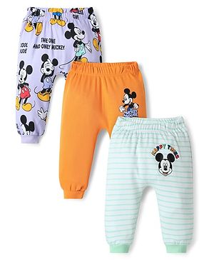 Babyhug Disney 100% Cotton Full Length Diaper Leggings With Mickey Mouse And Family Graphics Pack Of 3 - Orange Lavender & Light Green