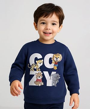 Babyhug Cotton Knit Full Sleeves Sweatshirt with Animal Print - Navy Blue