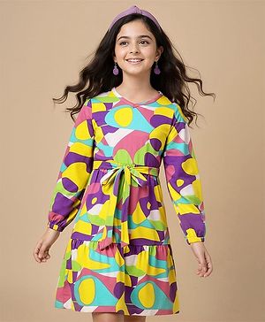 Pine Kids Cotton Knit Full Sleeves Frock With Abstract Print - Multicolour