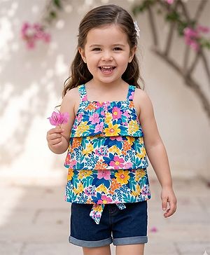 Babyhug Single Jersey Knit Sleeveless Layered Top & Denim Shorts Set with Floral Print & Belt - Navy Blue