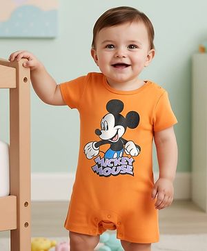 Babyhug Disney Interlock Knit Half Sleeves Rompers With Mickey Mouse Graphics - Orange