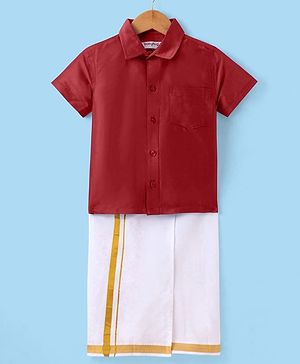 Babyhug Woven Half Sleeves Solid Shirt & Mundu Set - Maroon