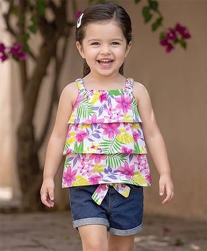Babyhug Single Jersey Knit Sleeveless Layered Top & Denim Shorts Set with Floral Print & Belt - Navy Blue