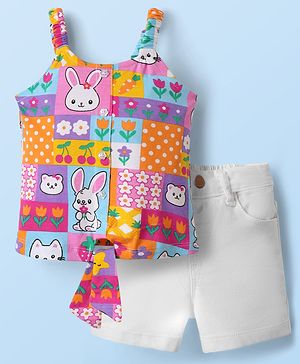 Babyhug Single Jersey Knit Singlet Top & Shorts Set with Bunny Print - White Purple & Pink