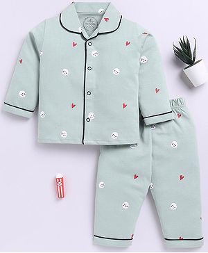 Clt.s Cotton Knit Full Sleeves Hearts & Popcorn Printed Coordinating Night Suit Set - Green