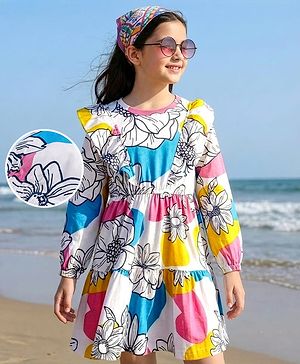Pine Kids Cotton Knit Full Sleeves Frock With Floral Print & Frill Detailing - White
