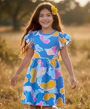 Pine Kids Cotton Knit Flutter Sleeves Frock With Floral Print - Blue