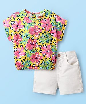 Babyhug Single Jersey Knit Half Sleeves Top & Shorts With Floral Print - Pink & White