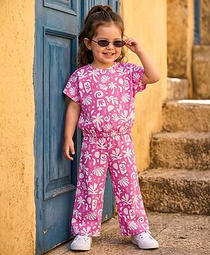 Babyhug Single Jersey Knit Half Sleeves Co-ords Top & Culottes Set With Tropical Theme Print - Pink