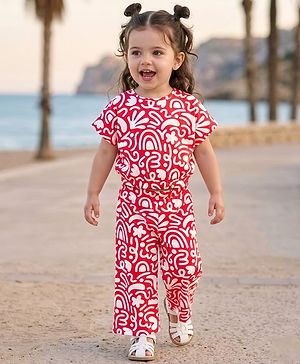 Babyhug Single Jersey Knit Half Sleeves Co-ords Top & Culottes Set With Abstract Print - Red