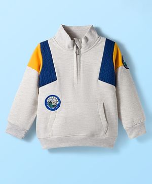 Babyhug Fleece Knit Full Sleeves Sweatshirt With Patch Detailing & Kangaroo Pockets - Light Grey