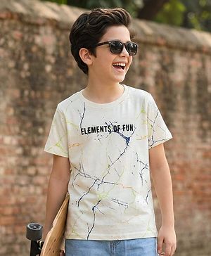 Pine Kids Cotton Knit Half Sleeves T-Shirt with Elements Of Fun Text Print - Off White