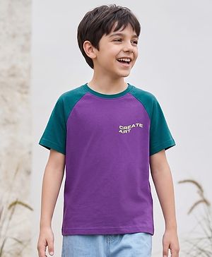 Pine Kids Cotton Knit Raglan Sleeves T-Shirt With Text Print - Purple