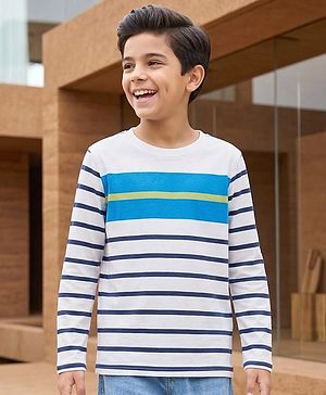 Pine Kids Cotton Knit Full Sleeves T-Shirt With Stripes - White & Navy Blue