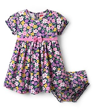 Babyhug 100% Cotton Half Sleeves Floral Printed Frock With Bloomer - Multicolour
