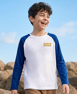 Pine Kids Cotton Knit Full Raglan Sleeves T-Shirt With Believe In New Idea Text Print - Navy Blue & White