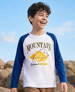 Pine Kids Cotton Knit Full Raglan Sleeves T-Shirt With Mountain Text Print - Navy Blue & White