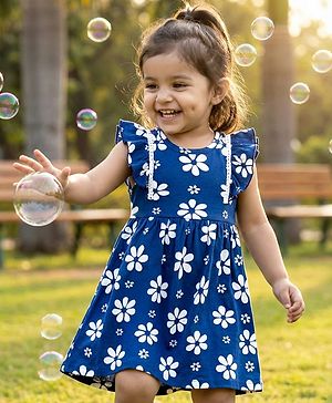 Babyhug Single Jersey Knit Frill Sleeves Frock with Floral Print - Blue