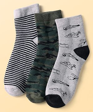 Pine Kids Knit Ankle Length Silvadur Antimicrobial Socks with Stripes & Airplane Design Pack of 3 - Color May Vary