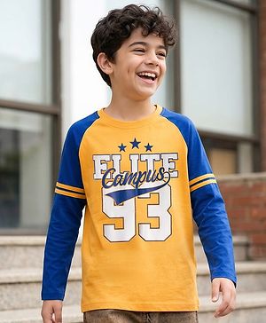 Pine Kids Cotton Knit Full Raglan Sleeves T-Shirt With Elite Text Print - Navy Blue & Yellow