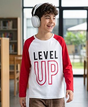 Pine Kids Cotton Knit Full Raglan Sleeves T-Shirt With Level Up Text Print - Red & White