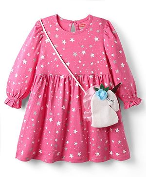 Babyhug Cotton Knit Full Peasant Sleeves Star Printed Frock With Unicorn Shaped Sling Bag - Pink
