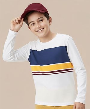 Pine Kids Cotton Knit Full Sleeves T-Shirt With Stripes - White & Navy Blue