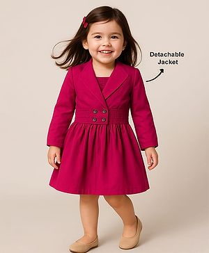 Babyhug 100% Cotton Full Sleeves Solid Coloured Frock With Blazer Style Jacket - Dark Pink