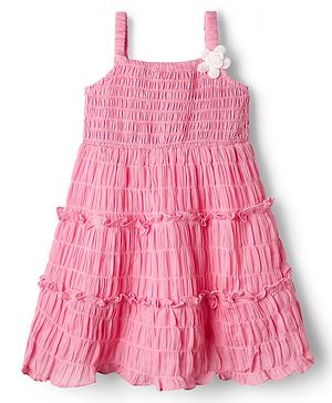 Babyhug Cotton Woven Sleeveless Frock with Floral Applique - Pink