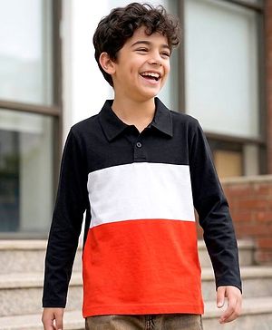 Pine Kids Cotton Knit Full Sleeves Cut & Sew Polo T-Shirt  - Black Orange & White