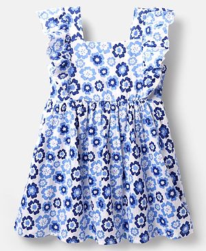 Babyhug Cotton Knit Frill Sleeves Frock With Floral Print - Blue