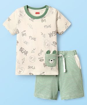 Babyhug Single Jersey Knit Half Sleeves T-Shirt & Short Set With Text Print & Ear Applique - Light Green