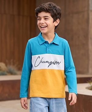 Pine Kids Cotton Knit Full Sleeves Polo Neck T-Shirt With Champion Text Print - Yellow & Light Blue