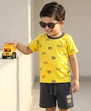 Babyhug Single Jersey Knit Half Sleeves T-Shirt & Shorts Set With Vehicle Print - Yellow & Black
