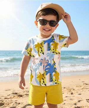 Babyhug Single Jersey Knit Half Sleeves T-Shirt & Shorts Set with Palm Tree Print - White & Green