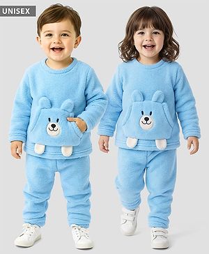Babyhug Sherpa Fur Knit Full Sleeves Winter Wear Co-ord Set With Applique - Light Blue