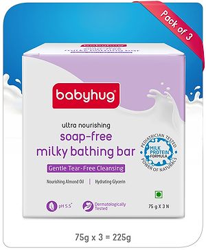 Babyhug pH 5.5 Ultra Nourishing Soap-Free Milky Bathing Bar - 3 x 75 g |Free Soap Tray |Does not Dry Skin|Prevents Rashes |Dermatologically & Pediatrician Tested|Extra Mild| Gentle Tear-free Cleansing