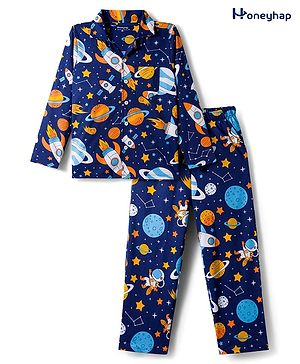Honeyhap Premium 100% Cotton Knit Full Sleeves Co-ords Night Suit With Space Theme Print - Navy Blue