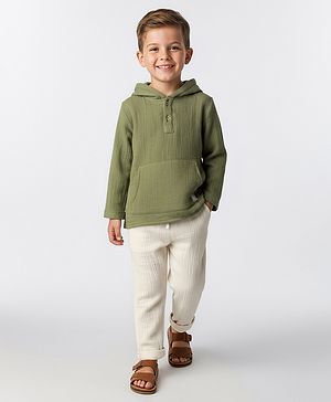 Bonfino 100% Cotton Woven Full Sleeves Hooded Shirt & Pant Set With Textured Design & Kangaroo Pockets - Olive Green